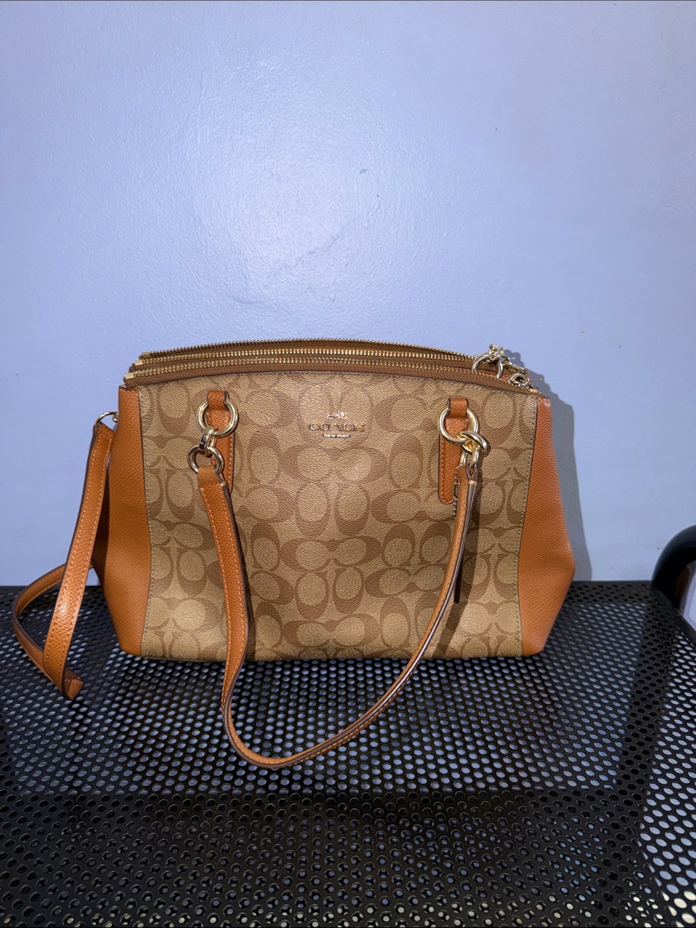 Coach Signature Canvas Shoulder Bag in Tan and Saddle